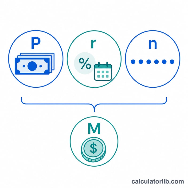 Flat diagram of the loan payment formula variables: principal P, monthly rate r, number of payments n