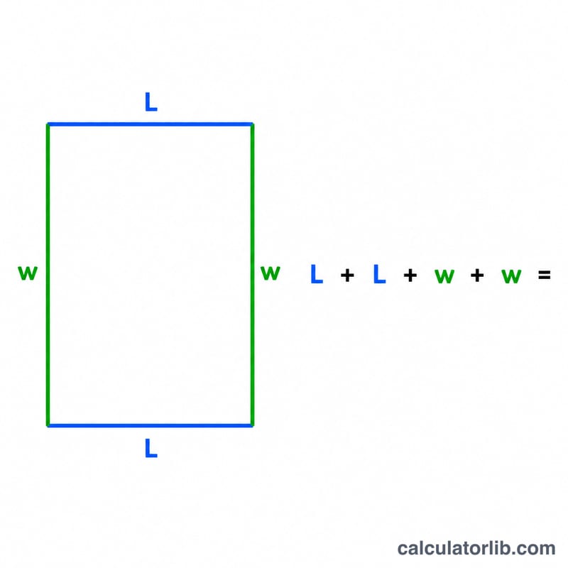 Rectangle showing two length sides and two width sides summed for the perimeter formula