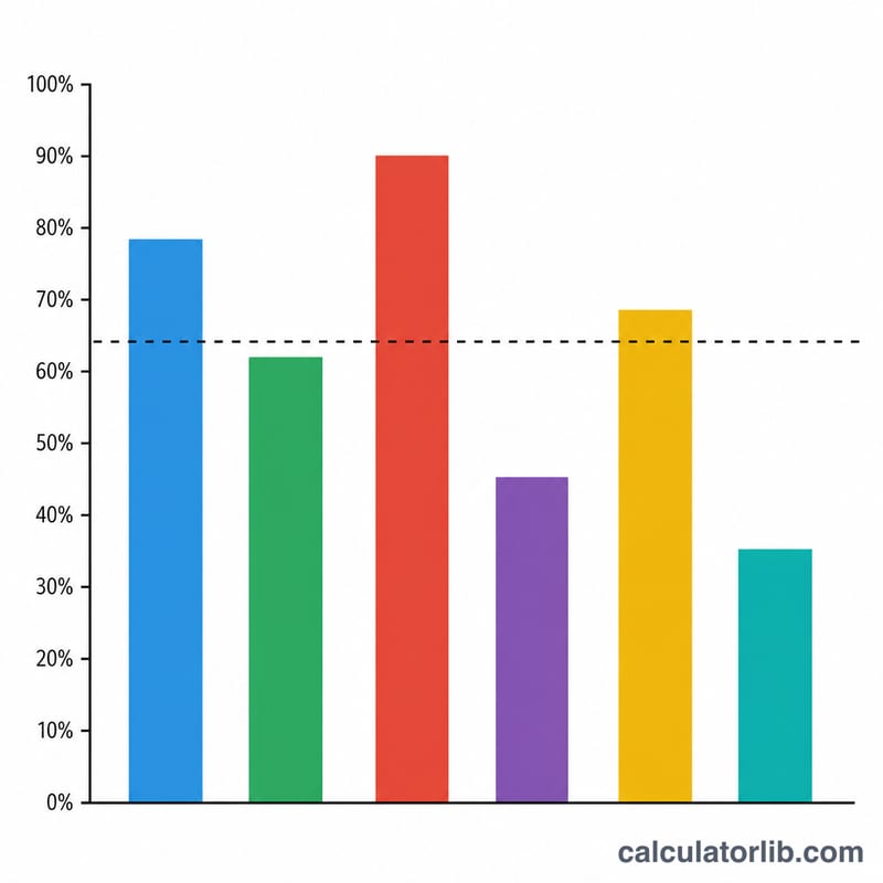 Bar chart of six grades with a dashed line showing the average level