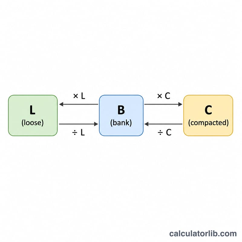 Conversion flow diagram between bank, loose and compacted volumes using swell factor L and compaction factor C