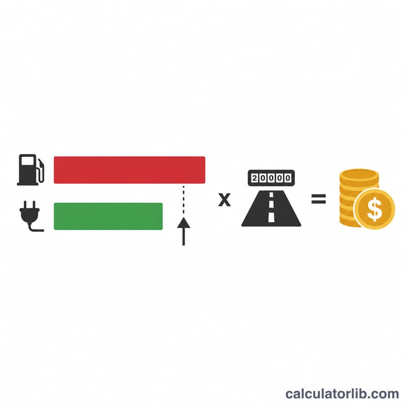 Diagram breaking the formula into gas cost per mile minus electric cost per mile times annual miles