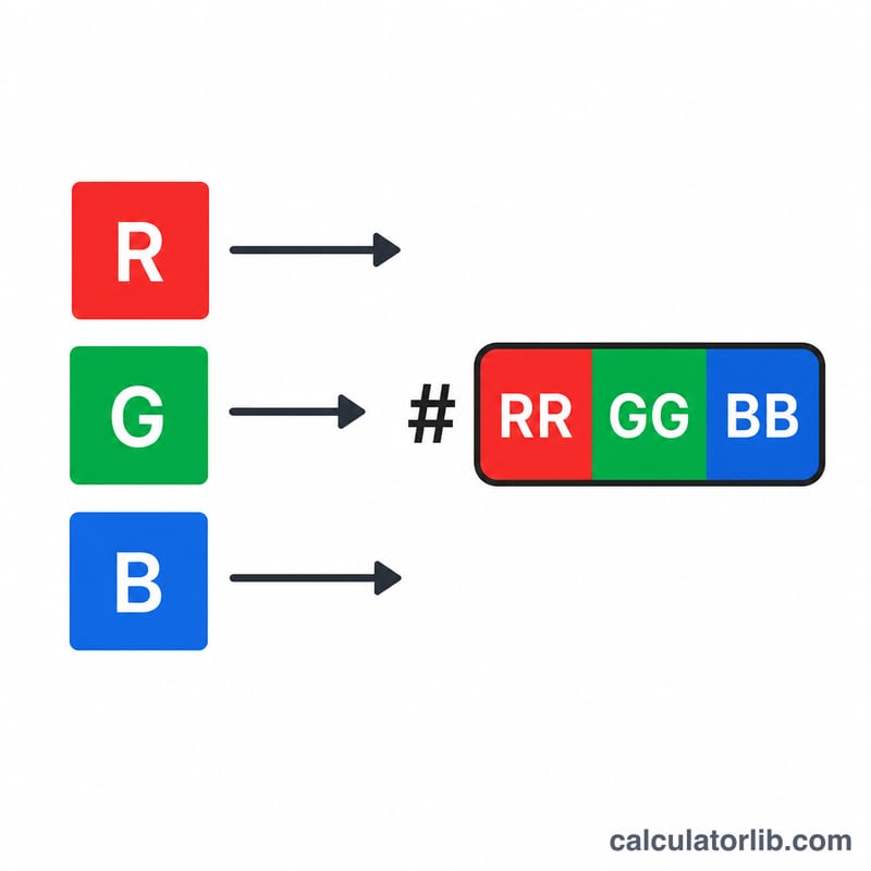 Diagrama que muestra un triplete RGB convertido en un código de color hexadecimal de seis dígitos dividido en pares de bytes rojo, verde y azul