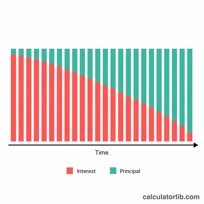 Stacked bar chart showing fixed payments split between shrinking interest and growing principal over time