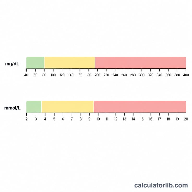 Number line comparing typical fasting blood glucose ranges in both mg/dL and mmol/L