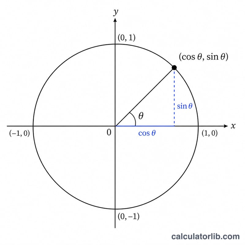 Unit circle with radius at angle theta showing cosine as horizontal coordinate and sine as vertical coordinate