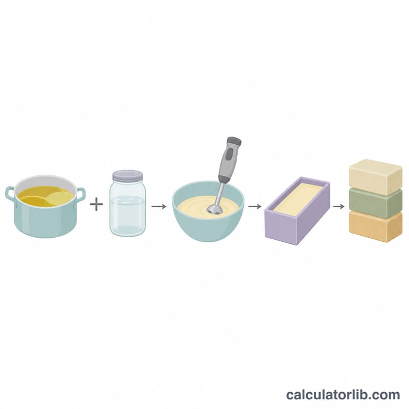Flat illustration of cold process soap making steps from oils and lye solution to soap bars