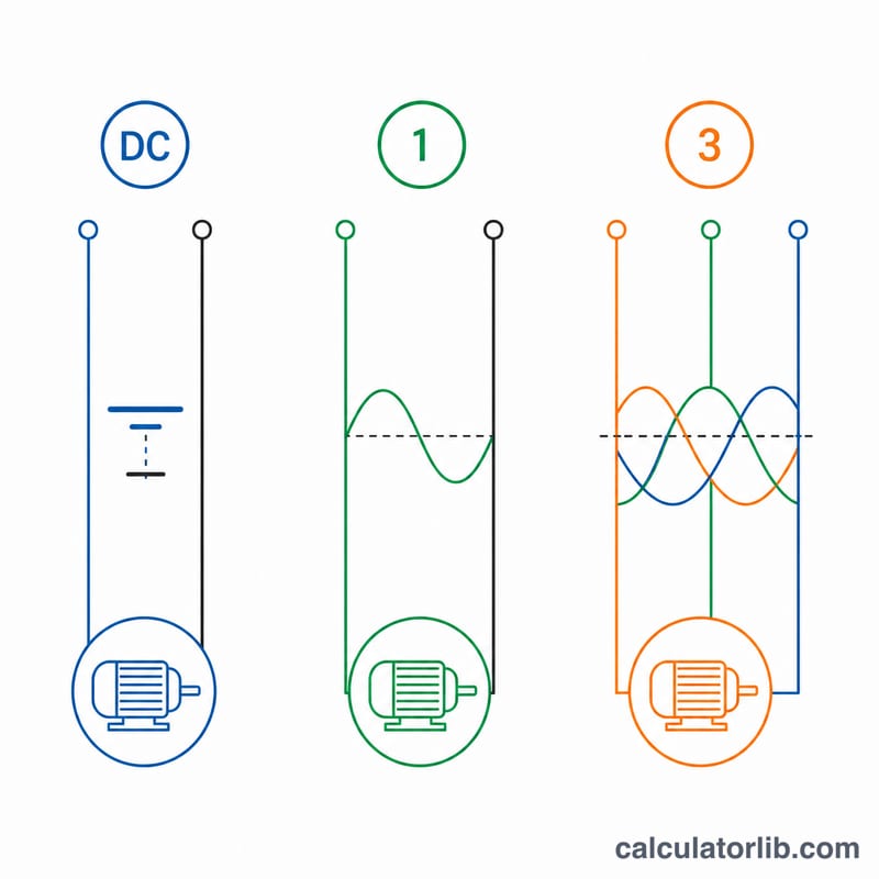 Three flat panels comparing DC, single-phase, and three-phase current formulas