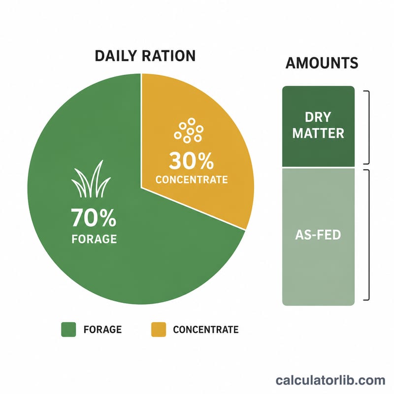 Ration split into forage and concentrate portions with dry matter and as-fed amounts