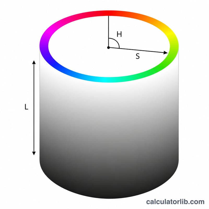 HSL cylinder showing hue angle, saturation radius and lightness height