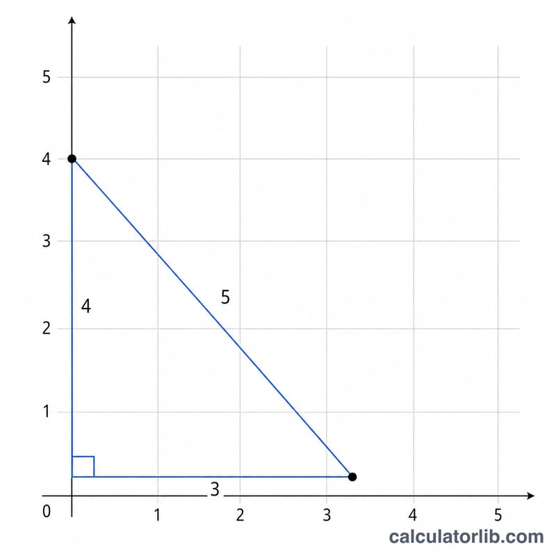 Right triangle on a grid showing a worked distance example with labeled leg lengths
