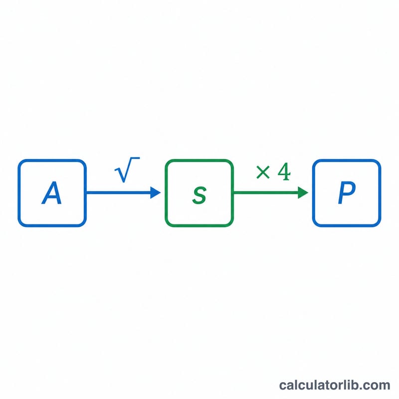 Step from area to side length via square root, then side to perimeter via times four