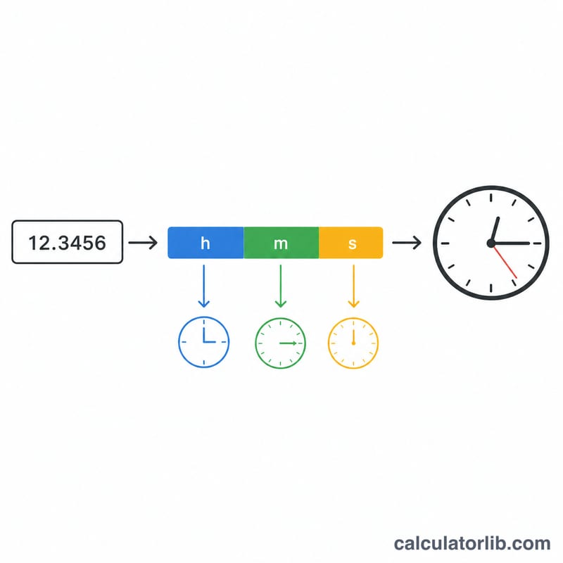 Conversion of decimal time into hours, minutes and seconds segments next to a clock