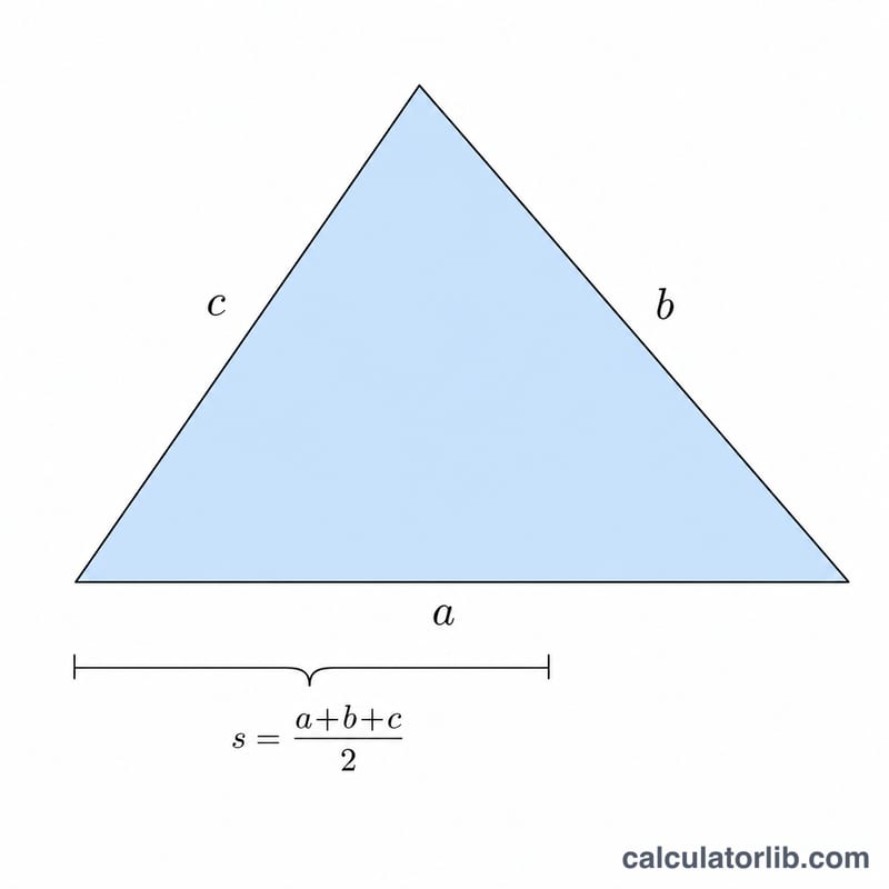 Triangle with sides a, b, c and shaded area representing Heron's formula
