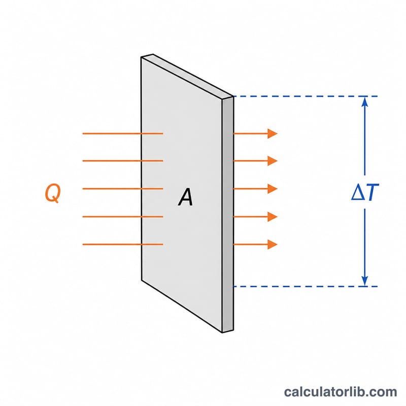 Sơ đồ các biến trong công thức: tốc độ nhiệt Q, diện tích A, chênh lệch nhiệt độ delta T