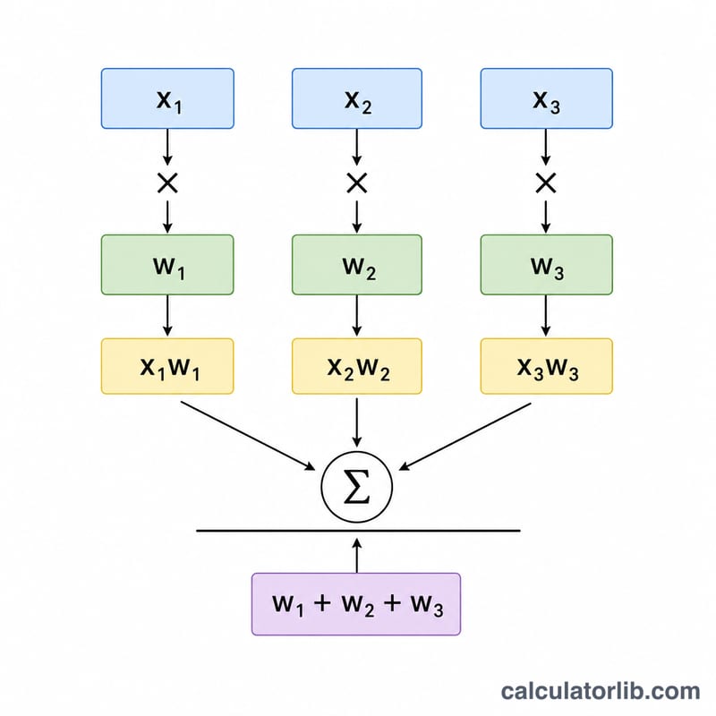 Diagram of weighted average formula showing values multiplied by weights, summed, then divided by total weight