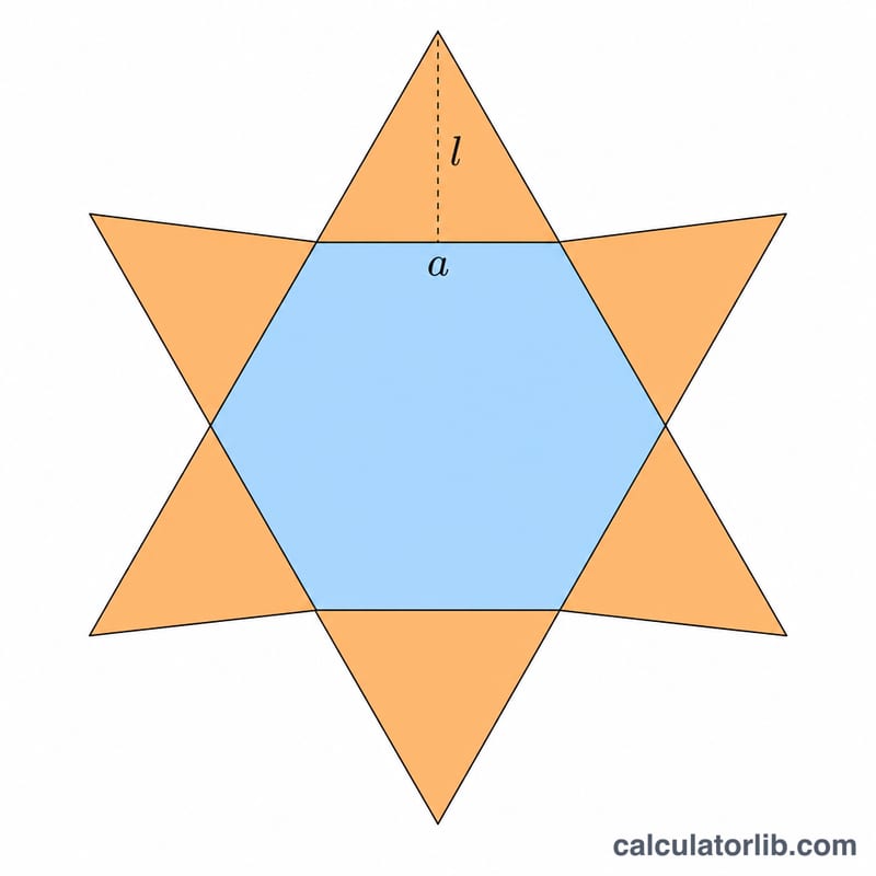 六角錐の表面を六角形の底面と6つの三角形の側面に分解した図