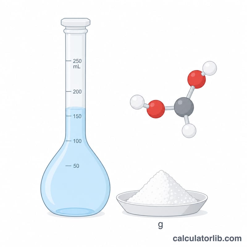 Volumetric flask with blue solution next to weighed solute powder representing a dissolved sample
