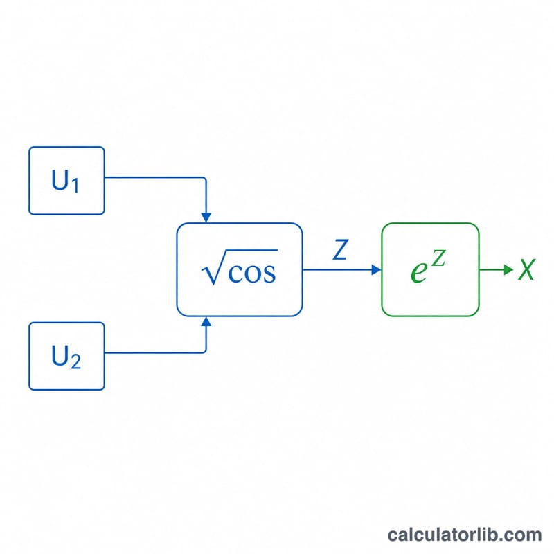 Flow diagram of Box-Muller transform converting two uniform numbers into a log-normal value