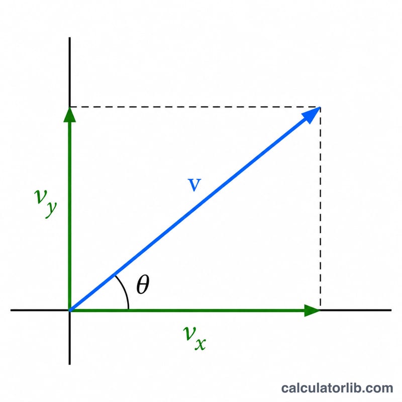 Velocity vector v split into horizontal component v_x and vertical component v_y at angle theta