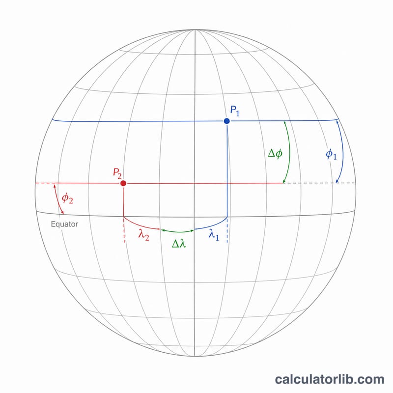 Globe with latitude and longitude angles for two points showing delta phi and delta lambda