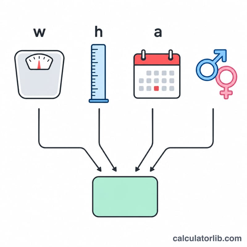 Diagram of the Mifflin-St Jeor formula inputs: weight, height, age and sex feeding into a BMR result