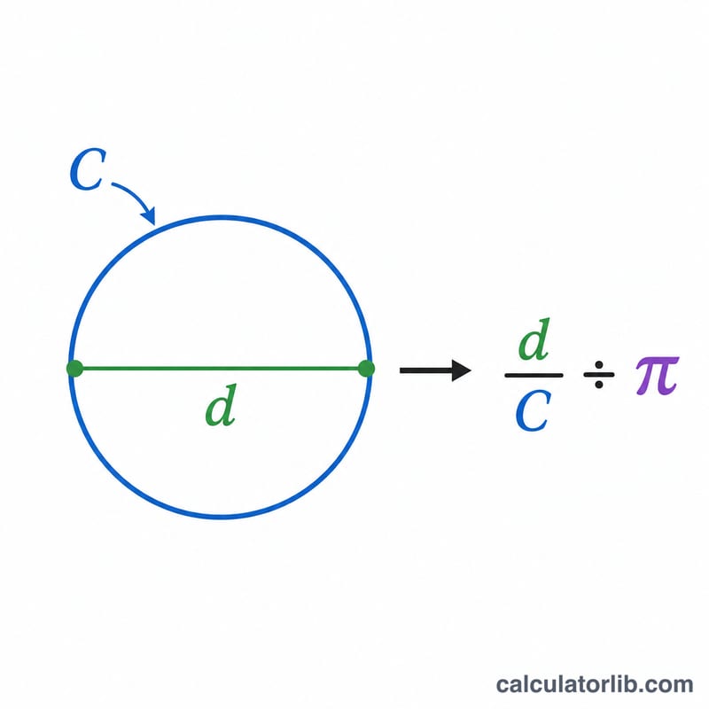 Diagram showing diameter equals circumference divided by pi