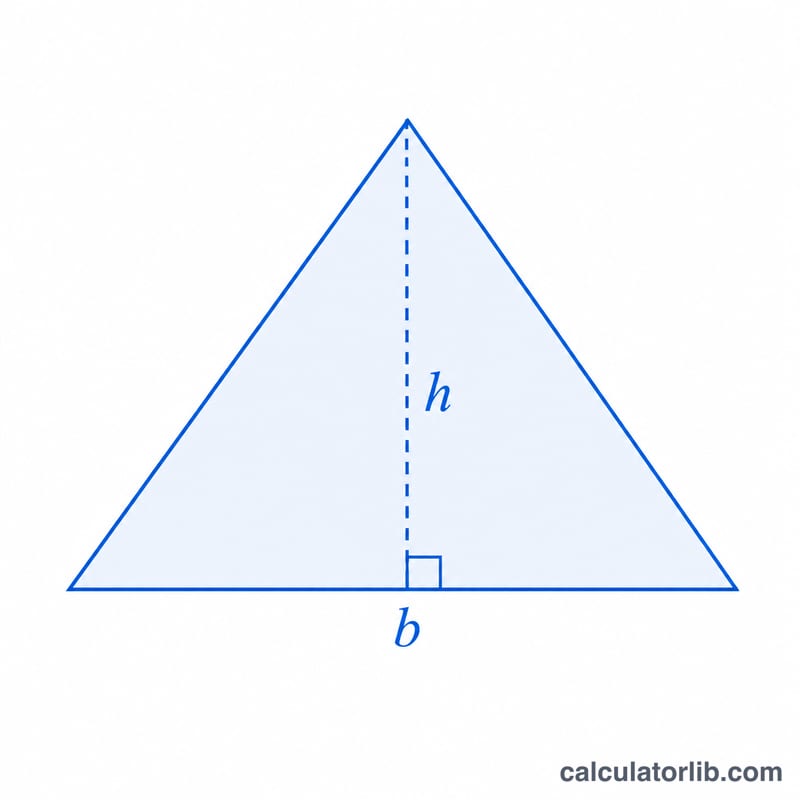 Triangle with base b and a dashed altitude h dropped to the base showing area