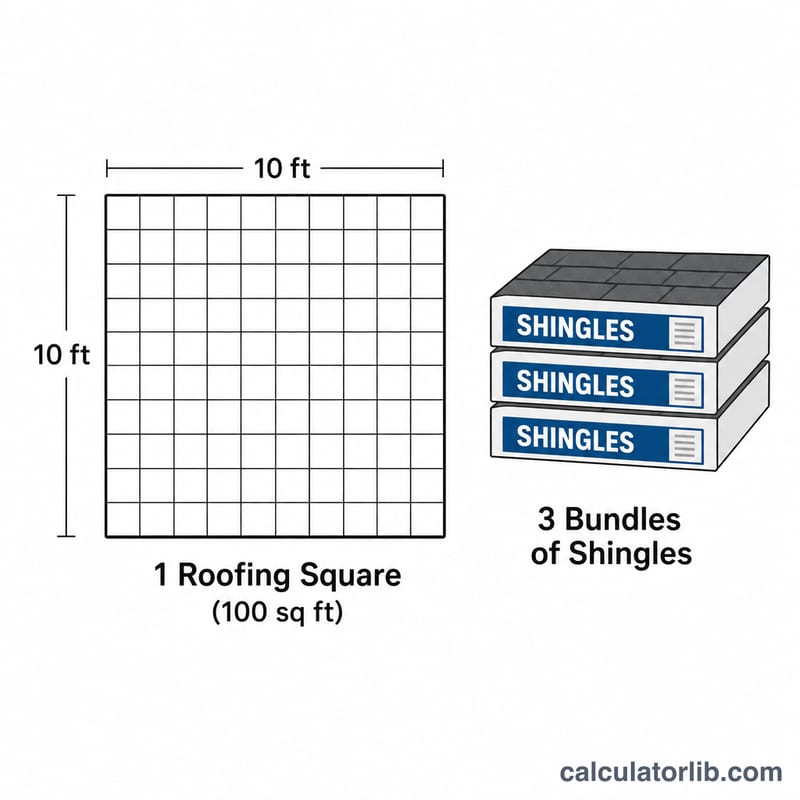 A 100 square foot grid labeled as one roofing square beside three shingle bundles