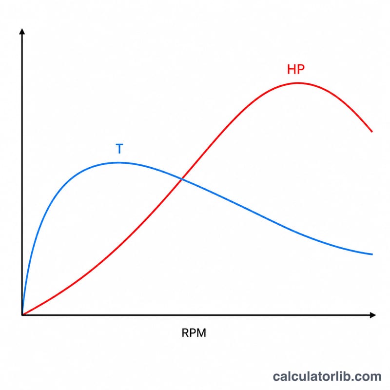 Two curves on axes showing torque and horsepower against engine RPM