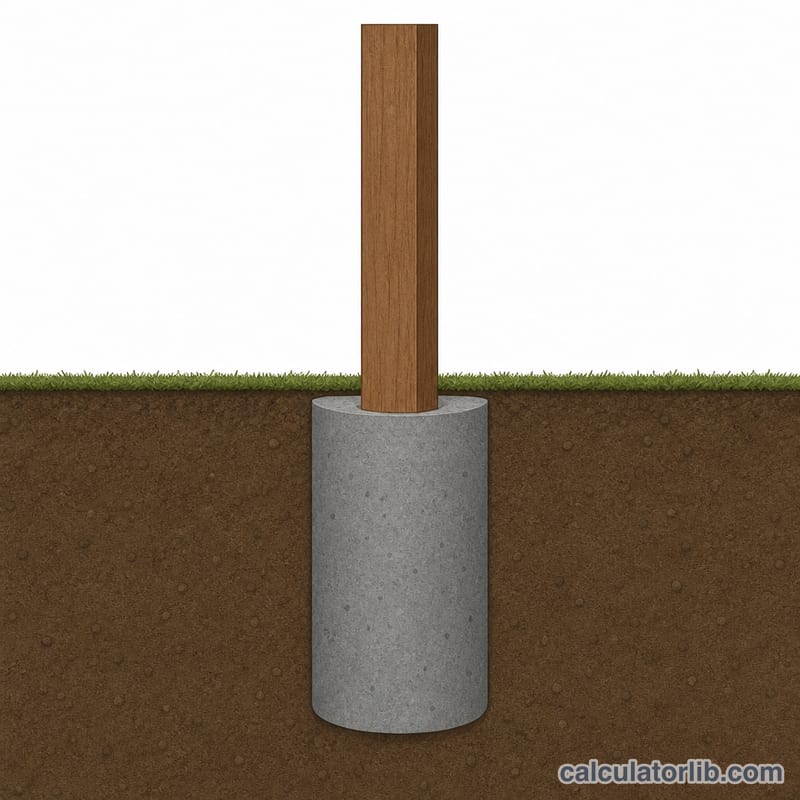Single fence post set in a cylinder of concrete in the ground