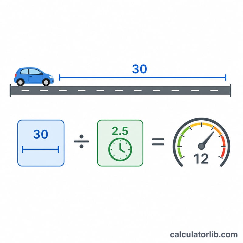 30 miles divided by 2.5 hours equals 12 miles per hour on a number line