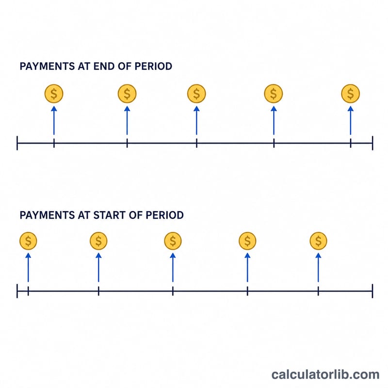 Two timelines comparing ordinary annuity and annuity-due payment timing