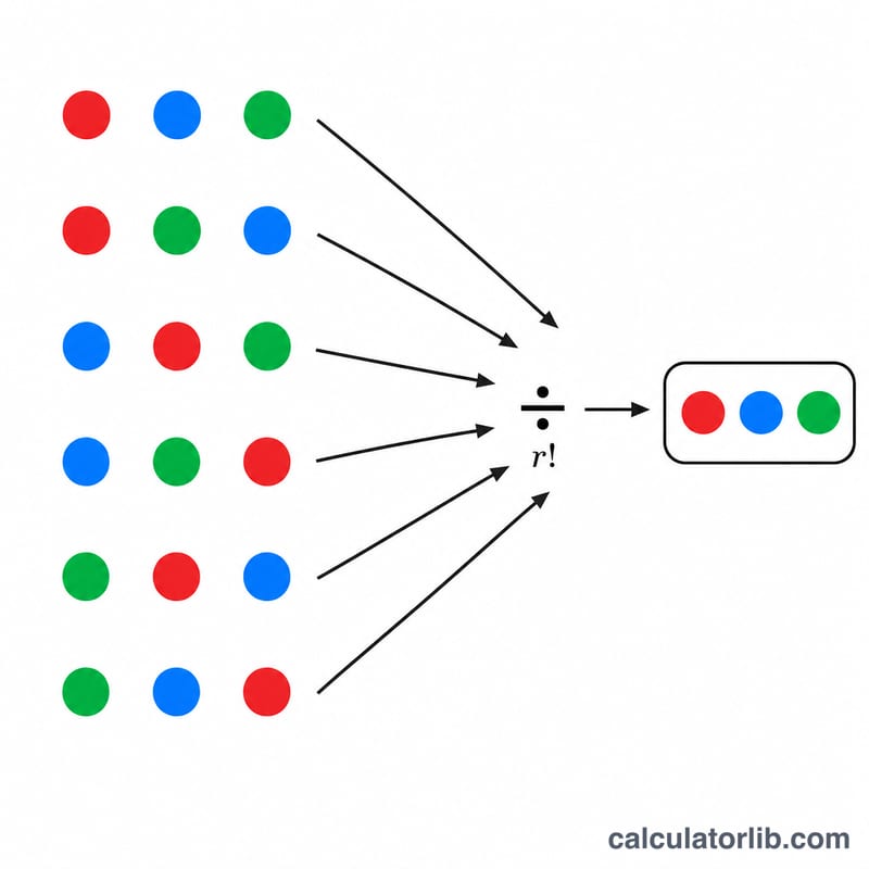 Tree comparing ordered arrangements collapsing into unordered combinations