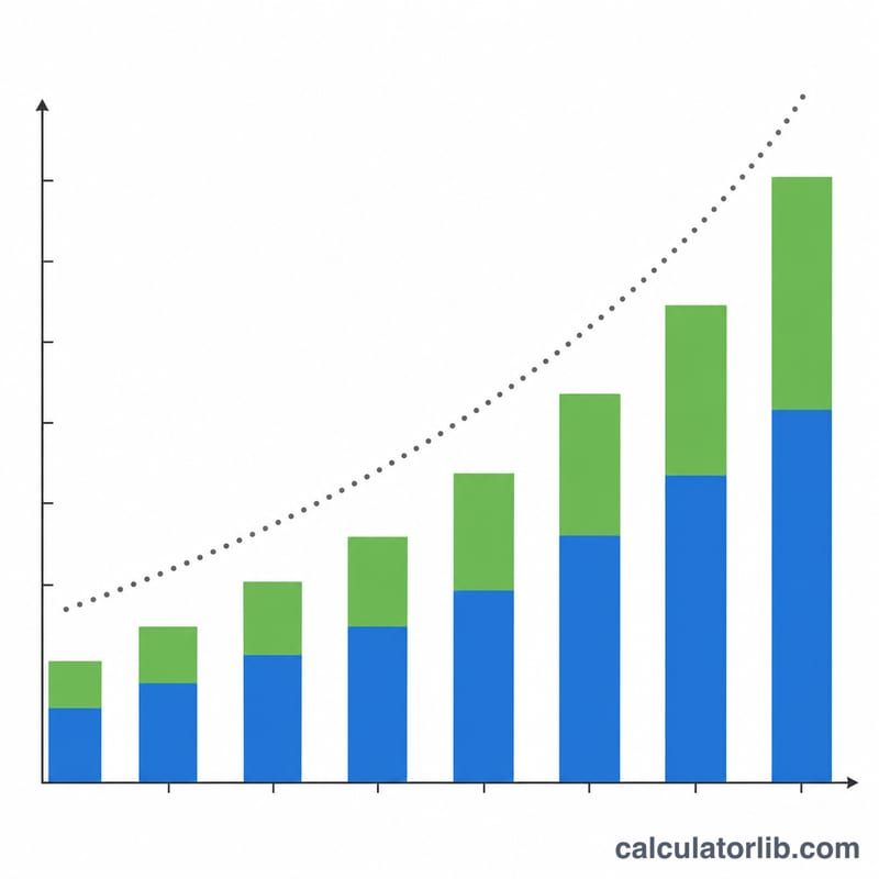 Bar chart showing contributions versus interest growth accumulating over periods