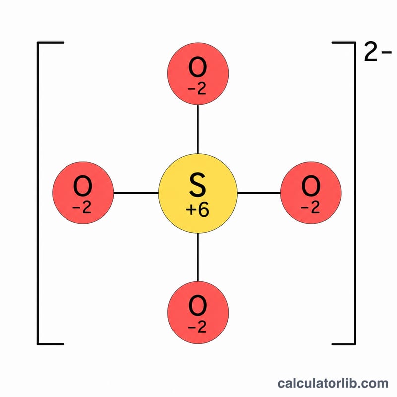 Sulfate ion structure with one central sulfur and four oxygen atoms showing oxidation numbers