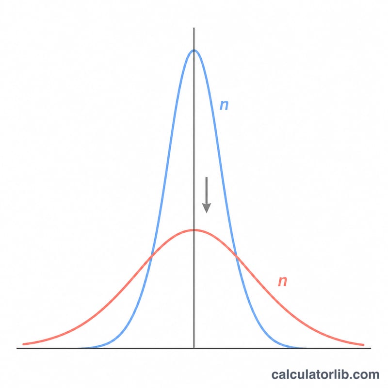 Two bell curves showing larger sample size produces a narrower, taller distribution