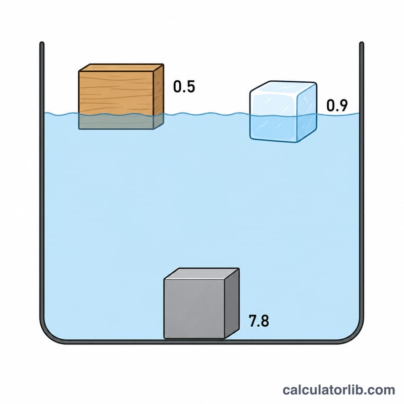 Three objects floating and sinking in water illustrating specific gravity above and below one