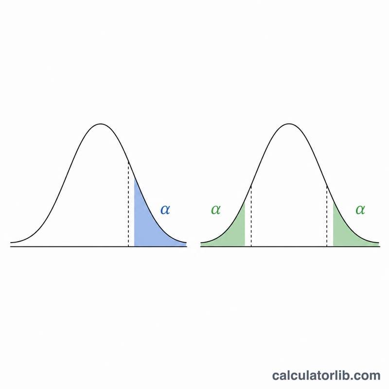 One-tailed versus two-tailed test shaded regions on bell curves