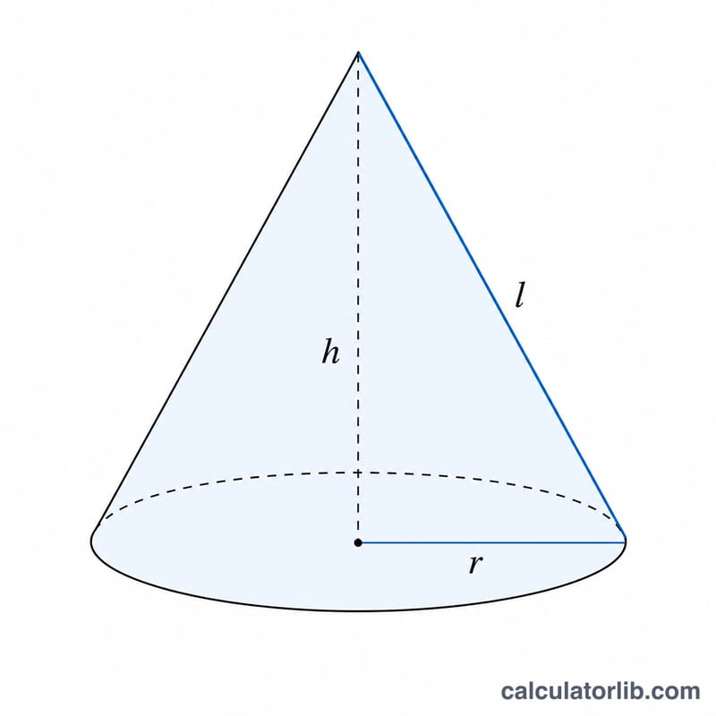 Cone with labeled radius, height and slant height showing lateral and base areas