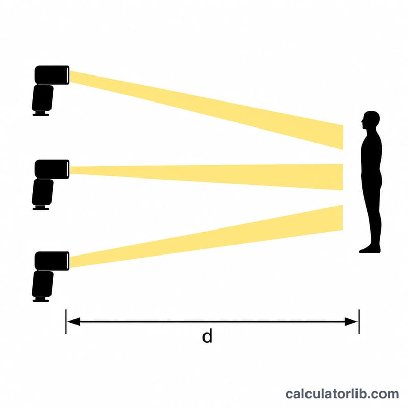 Three flash units pointing at one subject with combined reach arrow