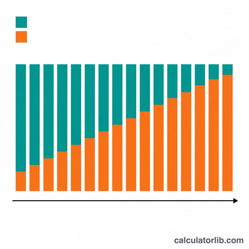 Flat stacked bar over time showing the shifting split between principal and interest across the loan term