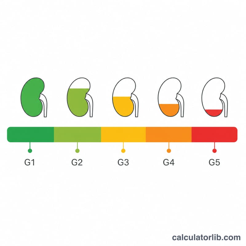 Color-coded bar of five CKD stages from green normal to red severe