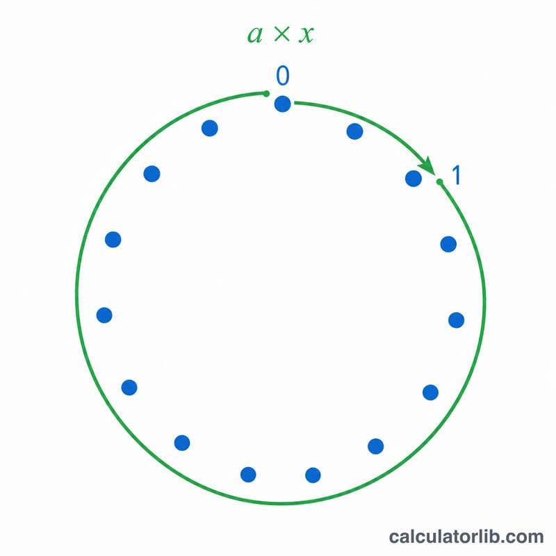 Diagram showing a times x equals one in mod m as wrapping around the circle