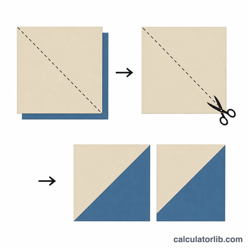 Steps showing two squares sewn on the diagonal then cut into two half square triangles
