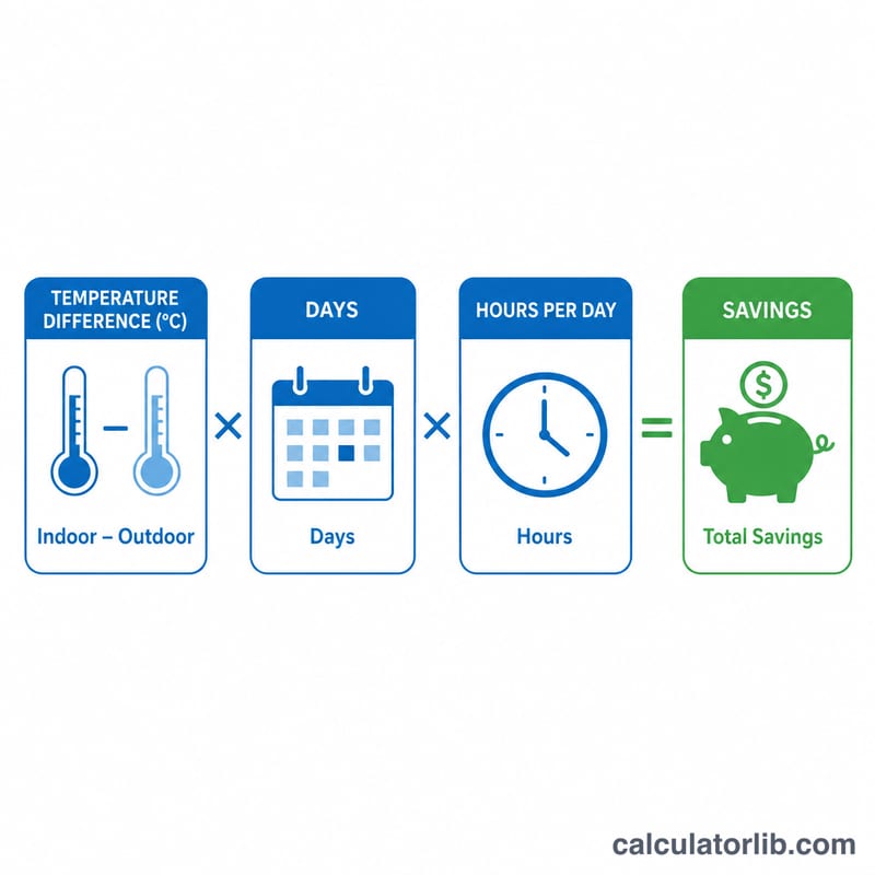 Diagram linking temperature difference, days, and hours into an energy-saved result