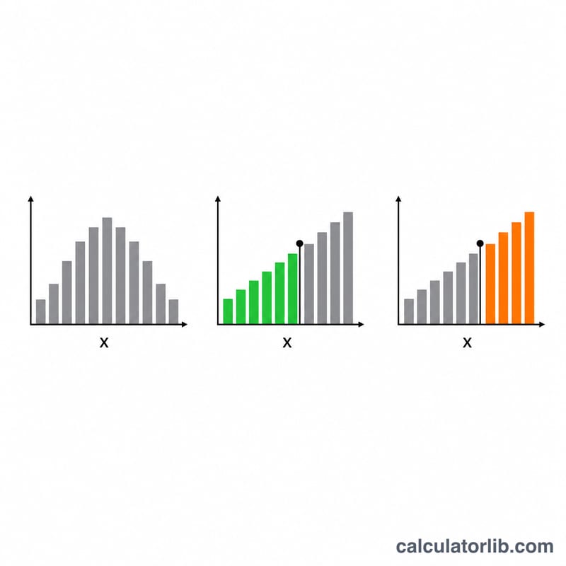 Three bar charts comparing PMF, lower cumulative, and upper cumulative